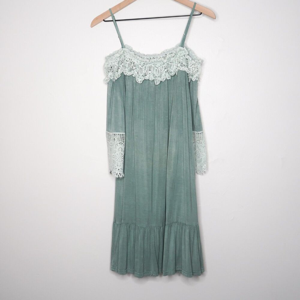 Easel Womens Mini Boho Dress‎ Small Sage Green Lace Flowy Vacation Feminine